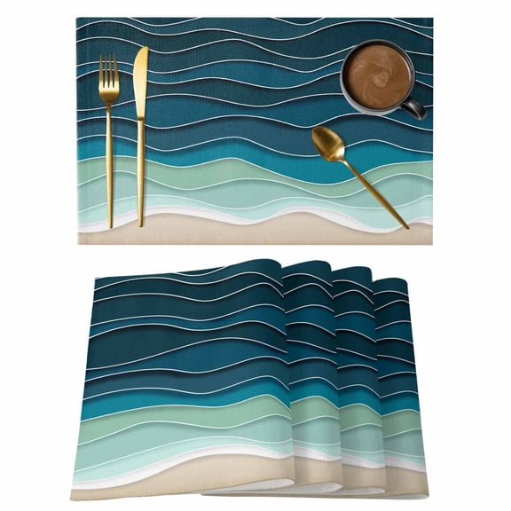 Blue Waves Placemats Set of 8 Rustic Abstract Beach Ombre Stripes Art Place Mats Indoor Wipeable Table Mats Washable Cloth Dining Table Placemats for Kitchen Holiday Party Home Decor 13x19 Inch