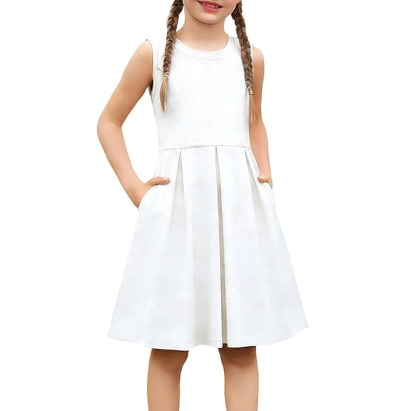 Ticikt Girls Sleeveless Summer Dress Kids Casual Crewneck Loose Beach Short Dresses with Pockets