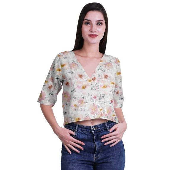 Moomaya Printed Cotton Top For Womens V-neck Crop Top Elbow Sleeve Summer Blouse T-shirt