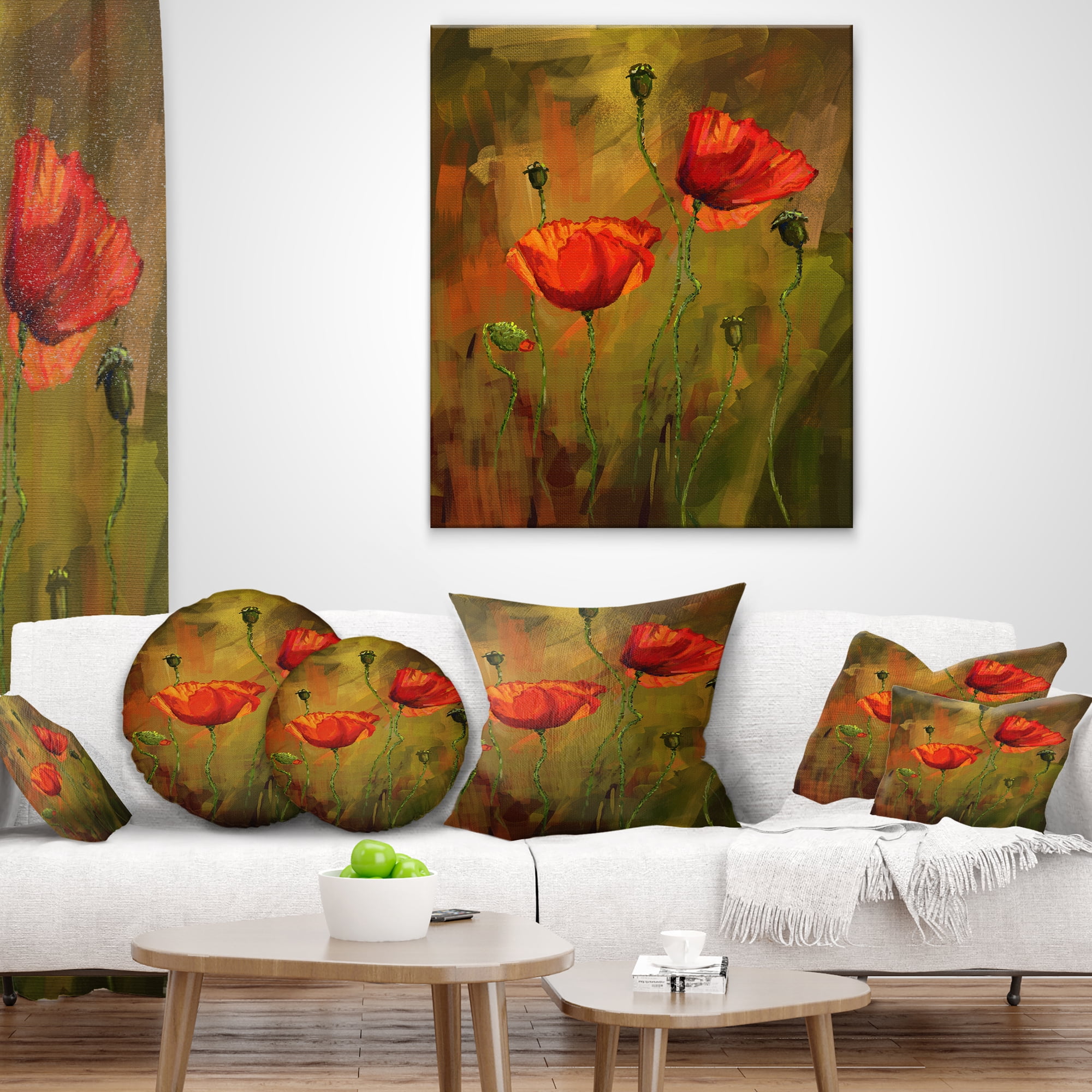Designart Watercolor Poppy Flowers - Floral Throw Pillow - 12x20