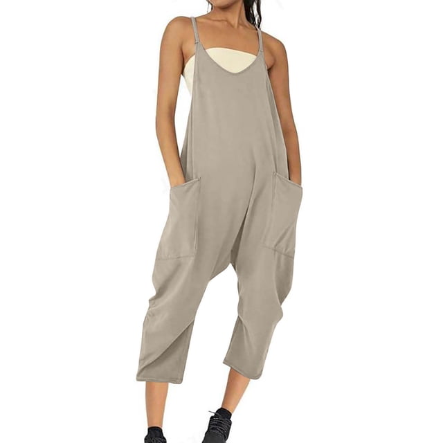 Cameland Plus Size Women Casual Jumpsuits Cold Shoulder Capris Pants Solid Suspender Straight Leg Pockets Rompers