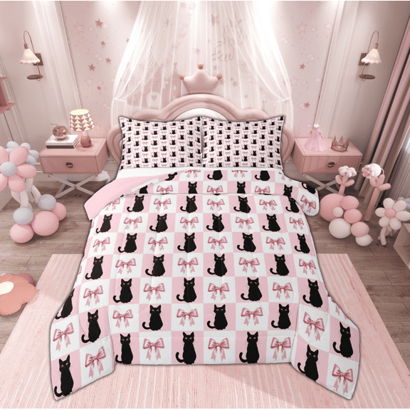 Manfei Kawaii Black Cat Bedding Comforter Set for Teen, Girly Pink Buffalo Twin Comforter Sets, Cartoon Bowknot Christmas Reversible Bedding Set, Lightweight Room Decor, 2pcs