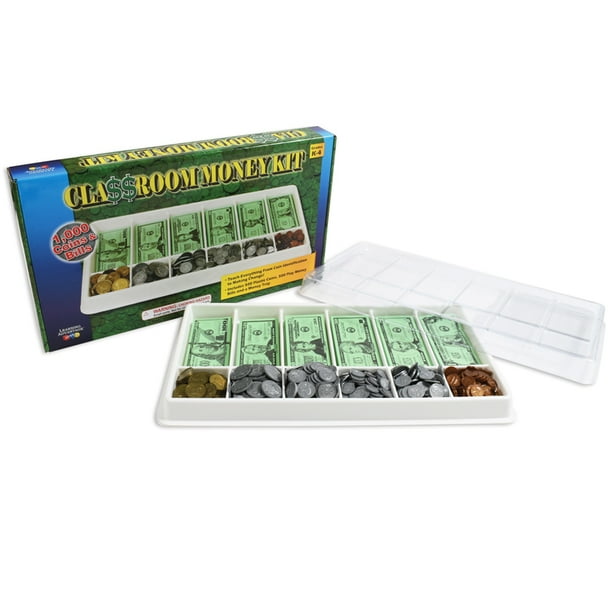 Classroom Money Kit Set of 1,000 Bills & Coins Storage Tray and Lid