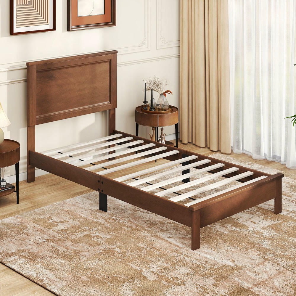 Barara King Twin Size Wooden Bedroom Bed Frame with Headboard and Slat Support, Bed Platform Frame for Apartment, Bedroom, Walnut