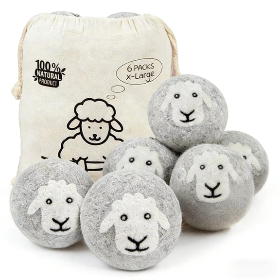 Wool Dryer Balls 6 Pack, Natural Fabric Softener, Dryer Balls Laundry Reusable, Reduces Clothing Wrinkles and Saves Drying Time (Gray)