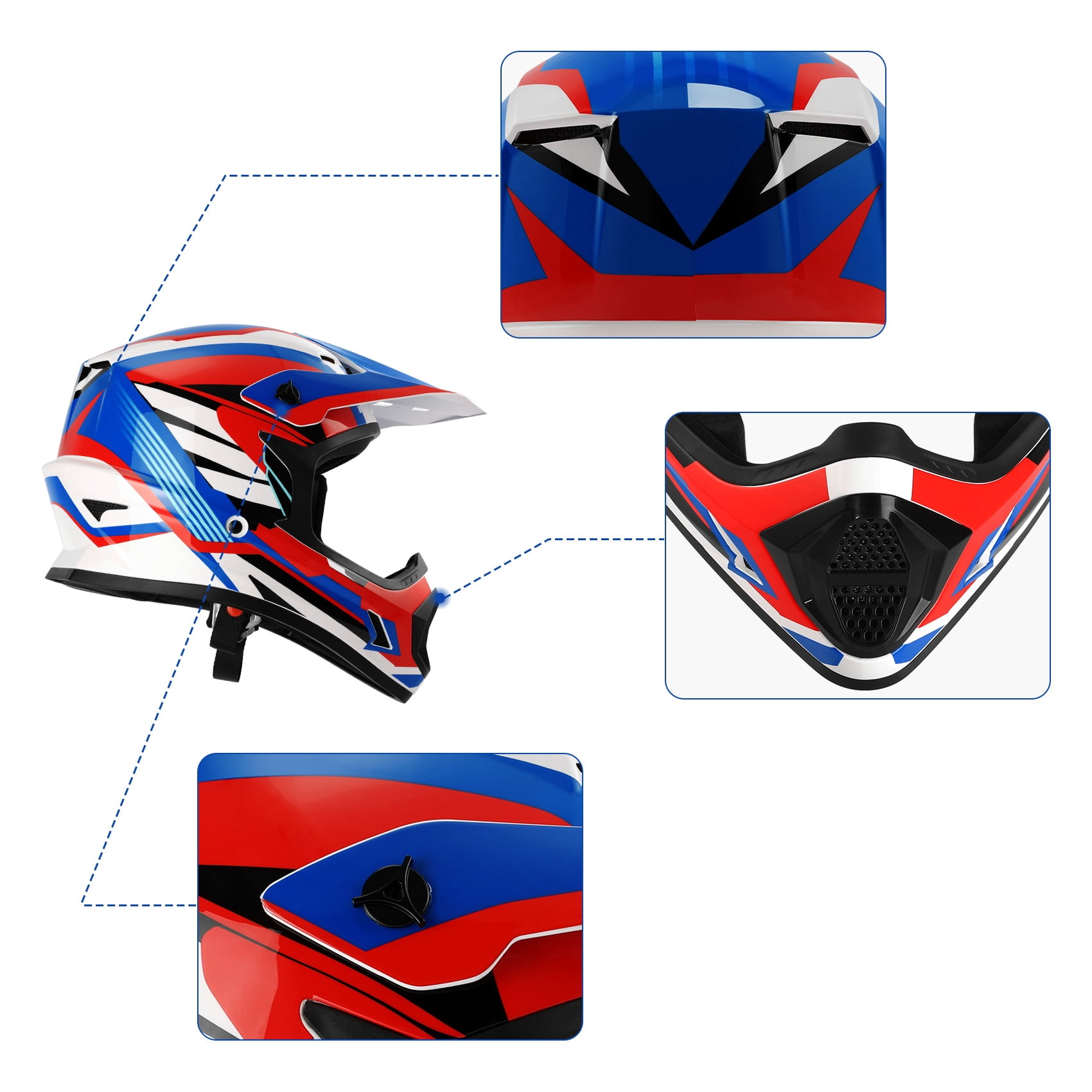 TCMT DOT Dirt Bike Helmet for Kids with Goggles & Gloves, for Motocross Offroad Street Motorcycle, Youth S Size, Blue Red Stripe