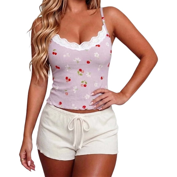 Womens Pajama Set Lace Detailed Cami and Shorts Pretty Snug Comfortable Sleepwear Loungewear