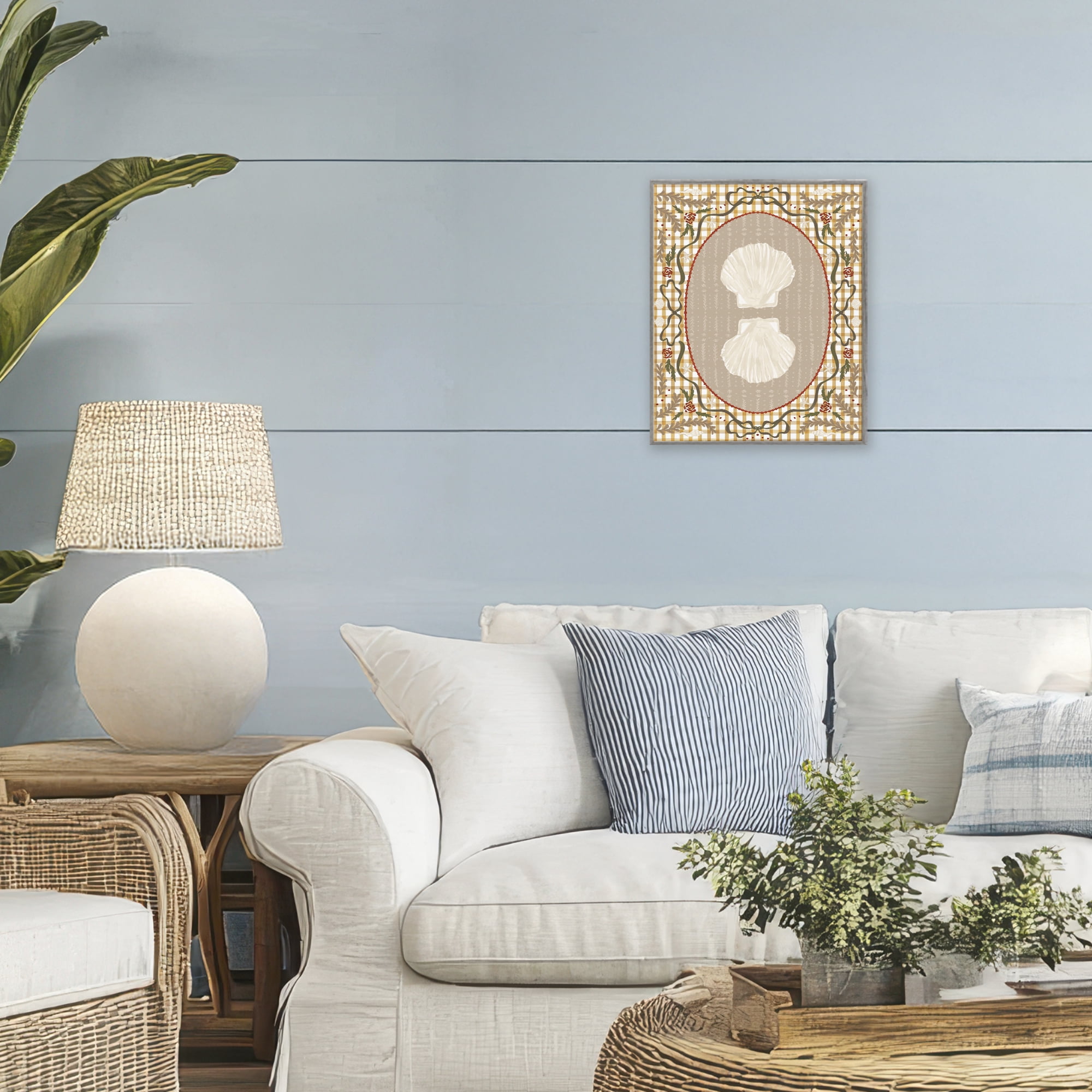 Stupell Industries Vintage Shells on Gingham Gray Framed Giclee Art, design by Vero Illustrates