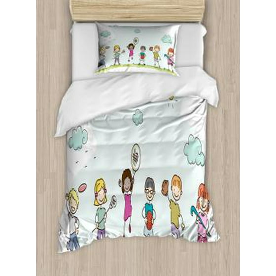 Kids Sports Twin Size Duvet Cover Set Doodle Children Doing Kids Sports Twin Size Duvet Cover Set Doodle Children Doing Diffe In A Sunny Spring Day Playroom Cartoon Decorative 2 Piece Bedding With 1