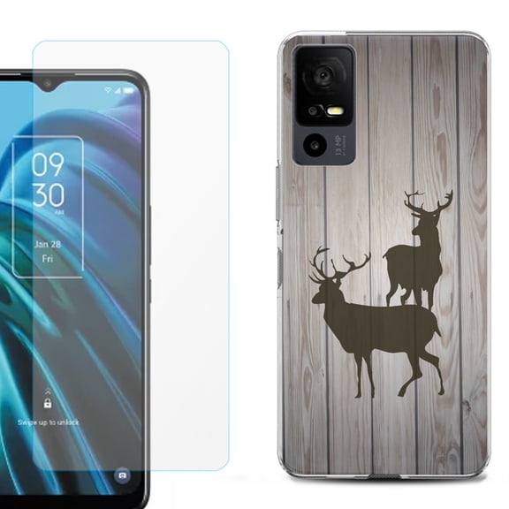 OneToughShield ® for TCL 40 XE 5G Shockproof Fashion Phone Case, with Tempered Glass Screen Protector - Wood/Deer