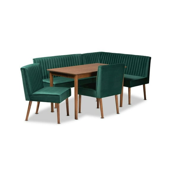 Baxton Studio Alvis Mid-Century Modern Emerald Green Velvet Upholstered and Walnut Brown Finished Wood 5-Piece Dining