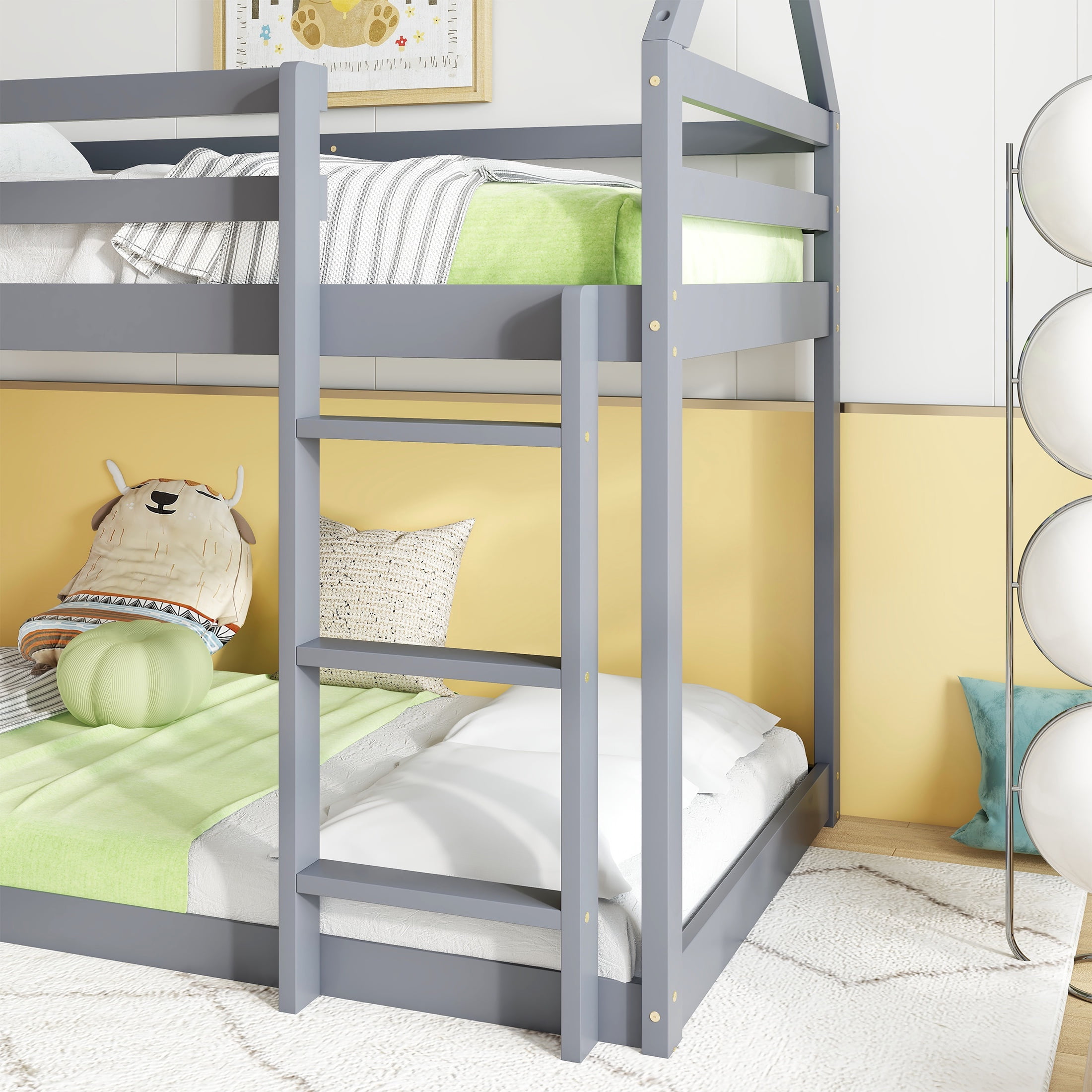 PORKISS Bunk Bed Twin Over Twin, Kids Low Floor Bunk Bed with Guard Rails for Children Boys Girls Dormitory Bedroom, Rubber Wood Bunk Bed, No Box Spring Needed, Grey #