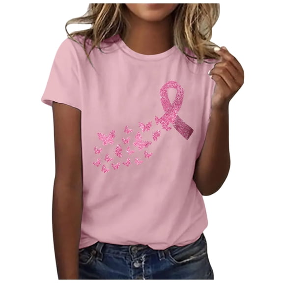 Yuanlong Womens T-Shirts Short Sleeved Ribbon Butterflies Print Tee Shirts Cancer Awareness Blessing Pullover Tops