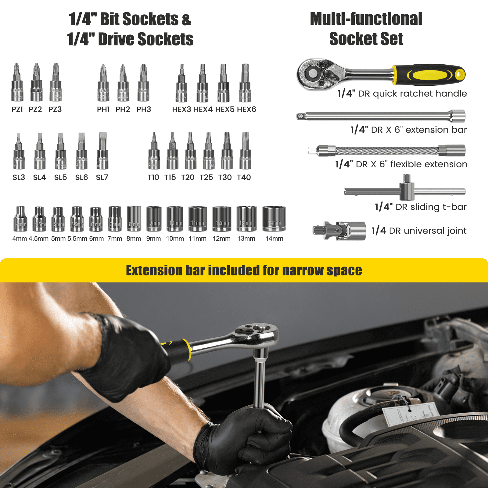 Cshidworld 171 Piece Socket Wrench Auto Repair Tool Combination Package 1/4" Ratchet Wrench, Household Tool Set General Mechanic Tool Kit and Socket Set, Hand Tool Kit with Toolbox Storage Case