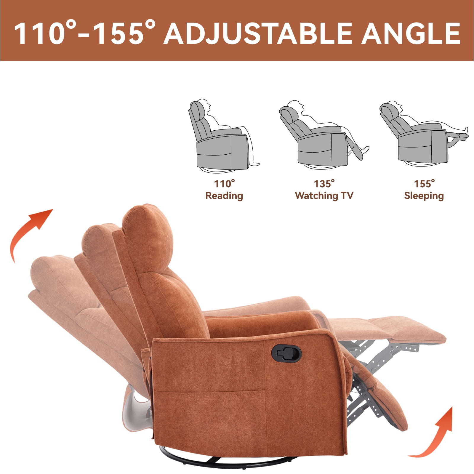 MAYEERTY 360 Degree Swivel Rocker Recliner Chair, Manual Recline Glider Chair with 8 Vibration Massage Nodes & Lumbar Heating, for Living Room Nursery