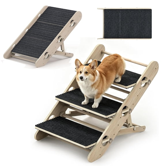 Foldable Dog Stairs for Bed, 2-in-1 Wooden Pet Stairs & Ramp, 3-Step Non-Slip Dog Steps for Small Dogs & Cats and Older Animals, 66 lbs Capacity, Durable Stable Ladder for High Couch Sofas and Cars