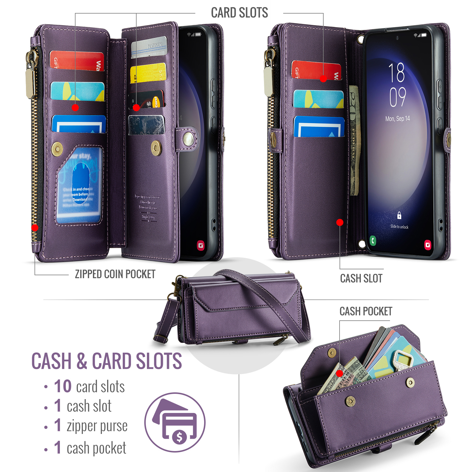 Compatible with Samsung Galaxy S23 Plus S23+ 5G Zipper Wallet Phone Case Tempered Glass Screen Protector Crossbody Lanyard Strap Flip Card Holder Slot Cell Cover for S23plus 23S S 23 23+ Women Purple