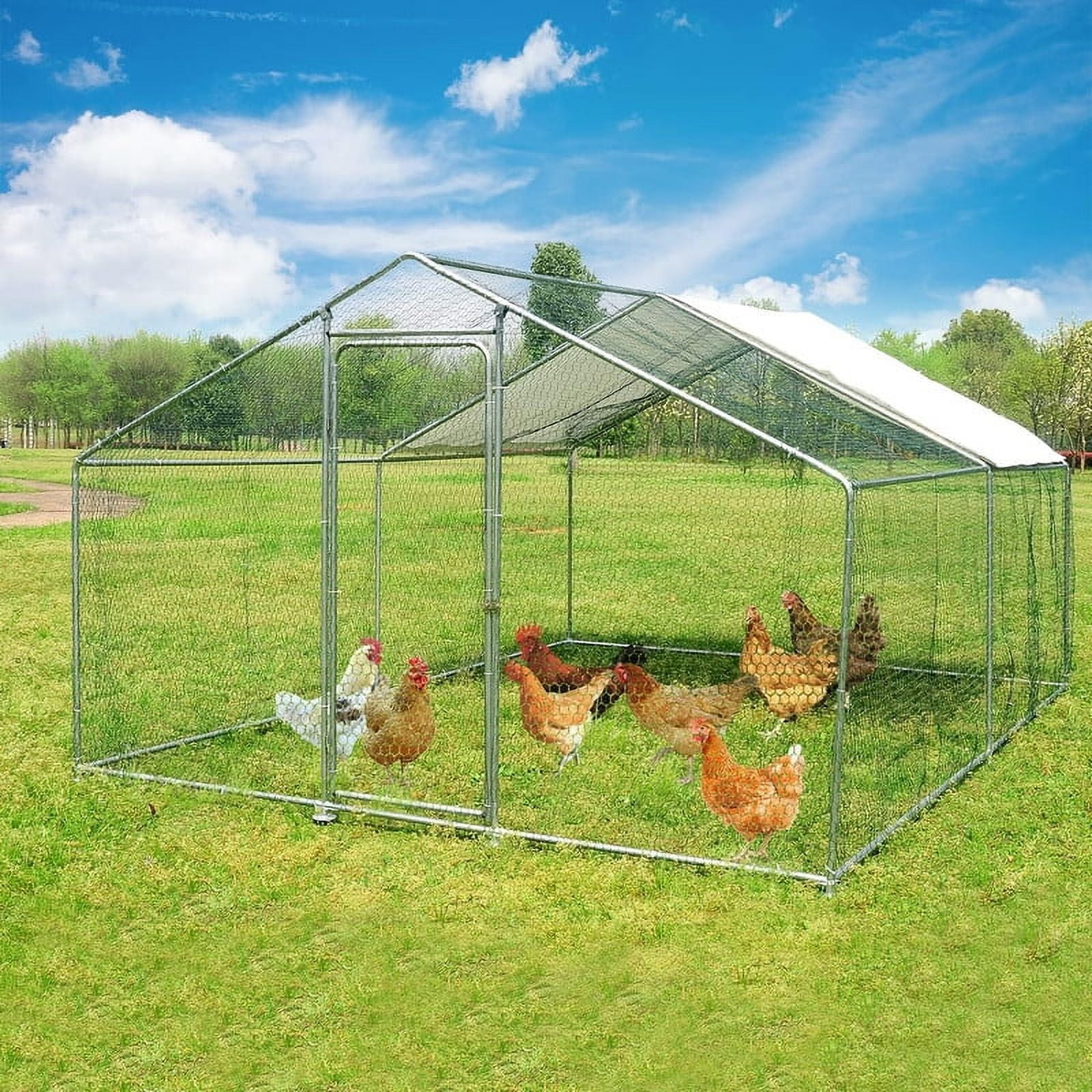 Walnest 10'x10' Large Metal Chicken Coop Walk-in Poultry Cage with Waterproof&Anti-UV Cover, Galvanized Steel Spire Top Coops with Door for Outdoor Backyard Farm Use