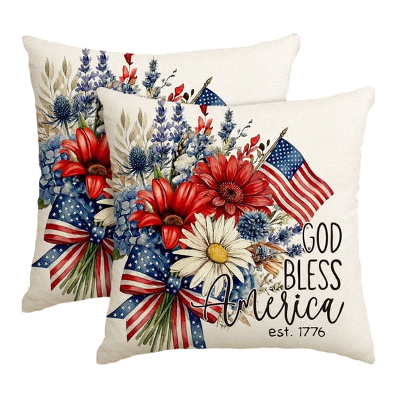 Sm:)e God Bless America 250 Anniversary Fourth of July Throw Pillow Cover 18x18 Inch Set of 2, Polyester Patriotic Outdoor Pillow Case for Sofa Couch, Red