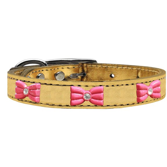 Mirage Pet Products Leather Bow Dog Collar, Gold, S/M