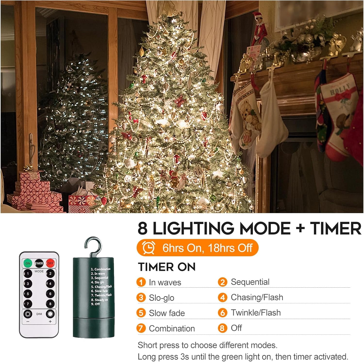 Battery Operated Christmas Lights, 33 FT 100 LED Mini String Lights with Timer and 8 Modes, Green Wire Outdoor Waterproof String Lights for Tree Xmas Indoor Holiday Party Garden Decor, Warm White