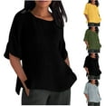 thumbnail image 6 of Lovskoo Cotton Linen Summer Tops for Women 2024 Round Neck Half Sleeve Solid Color Loose Blouse Casual Work Shirt Tunic Tops Yellow, 6 of 6