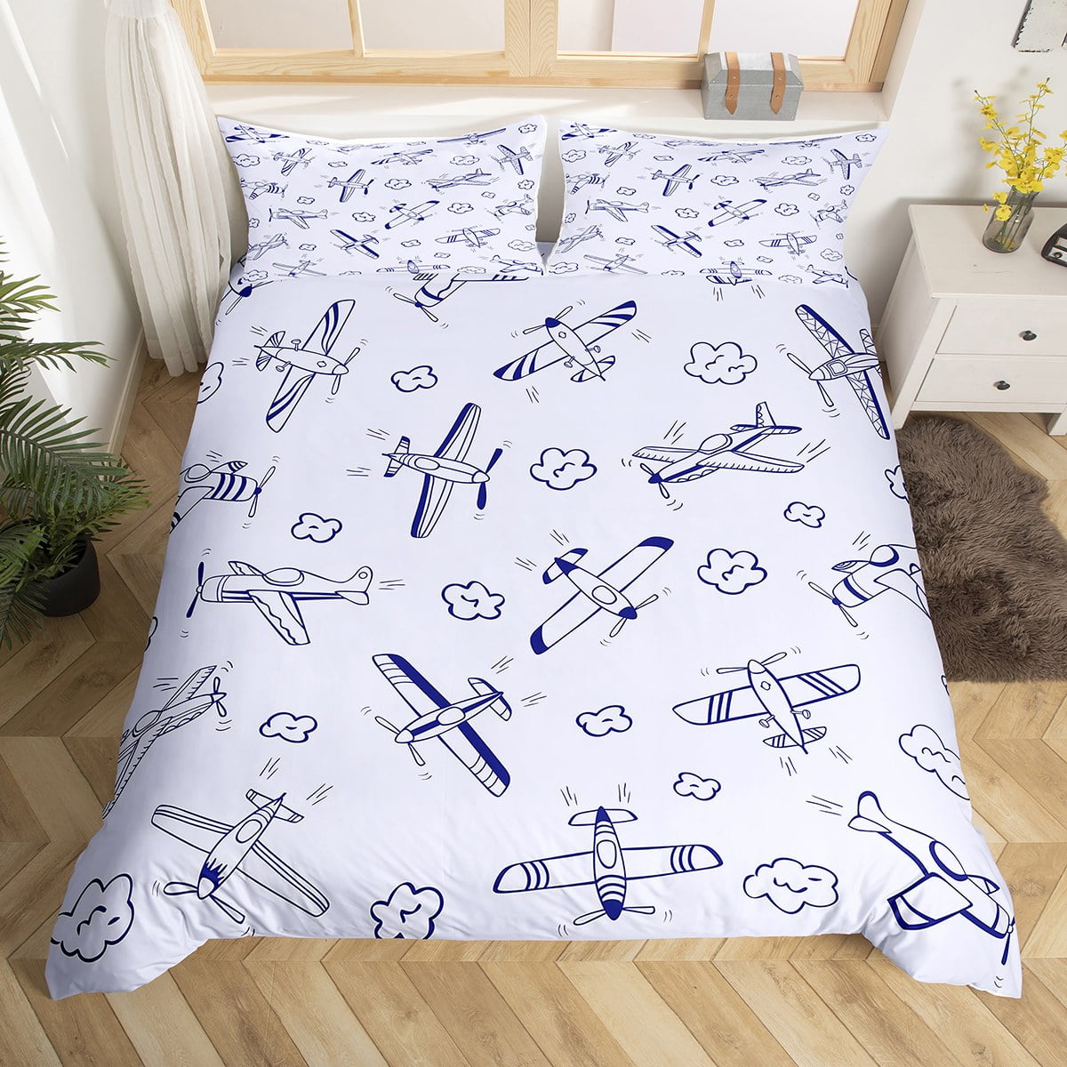 Aircraft Comforter Cover Twin Size Kids Airplane Print Bedding Set Sky