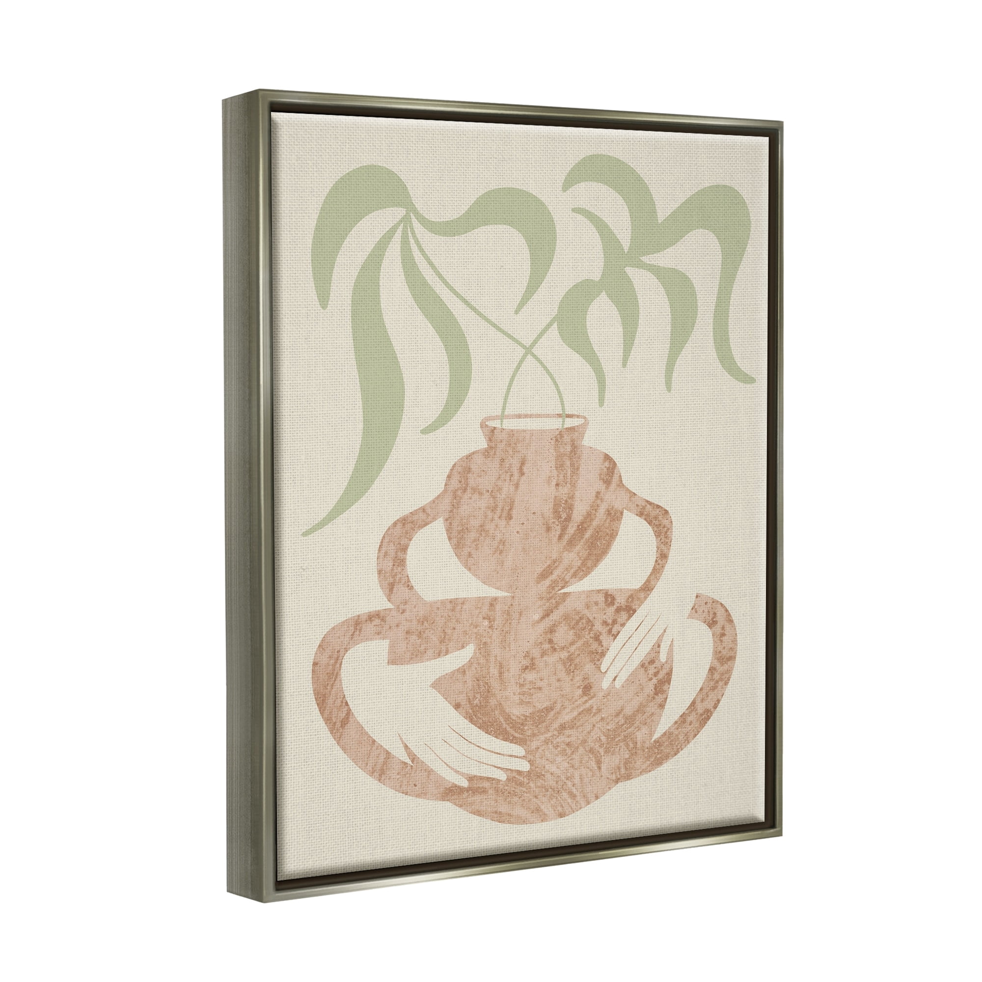 Stupell Industries Botanical Leaves Hands Flower Pot Handles Collage Luster Gray Framed Floating Canvas Wall Art, 24x30, by Lil' Rue