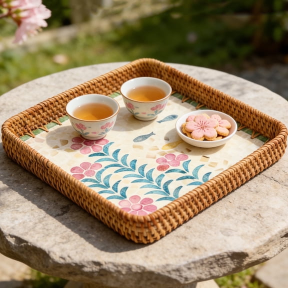 Atopoler Rattan Serving Keys Tray,Shell Inlay Woven Coffee Table Centerpiece Decor for Tabletop Bathroom Kitchen Counter,Style C
