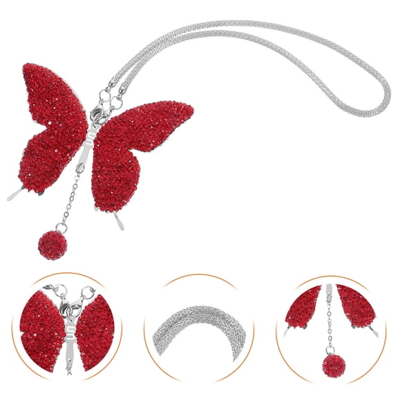 PBPBOX Elegant Red Butterfly Car Rear View Mirror Hanging Decoration with Rhinestone Detailing
