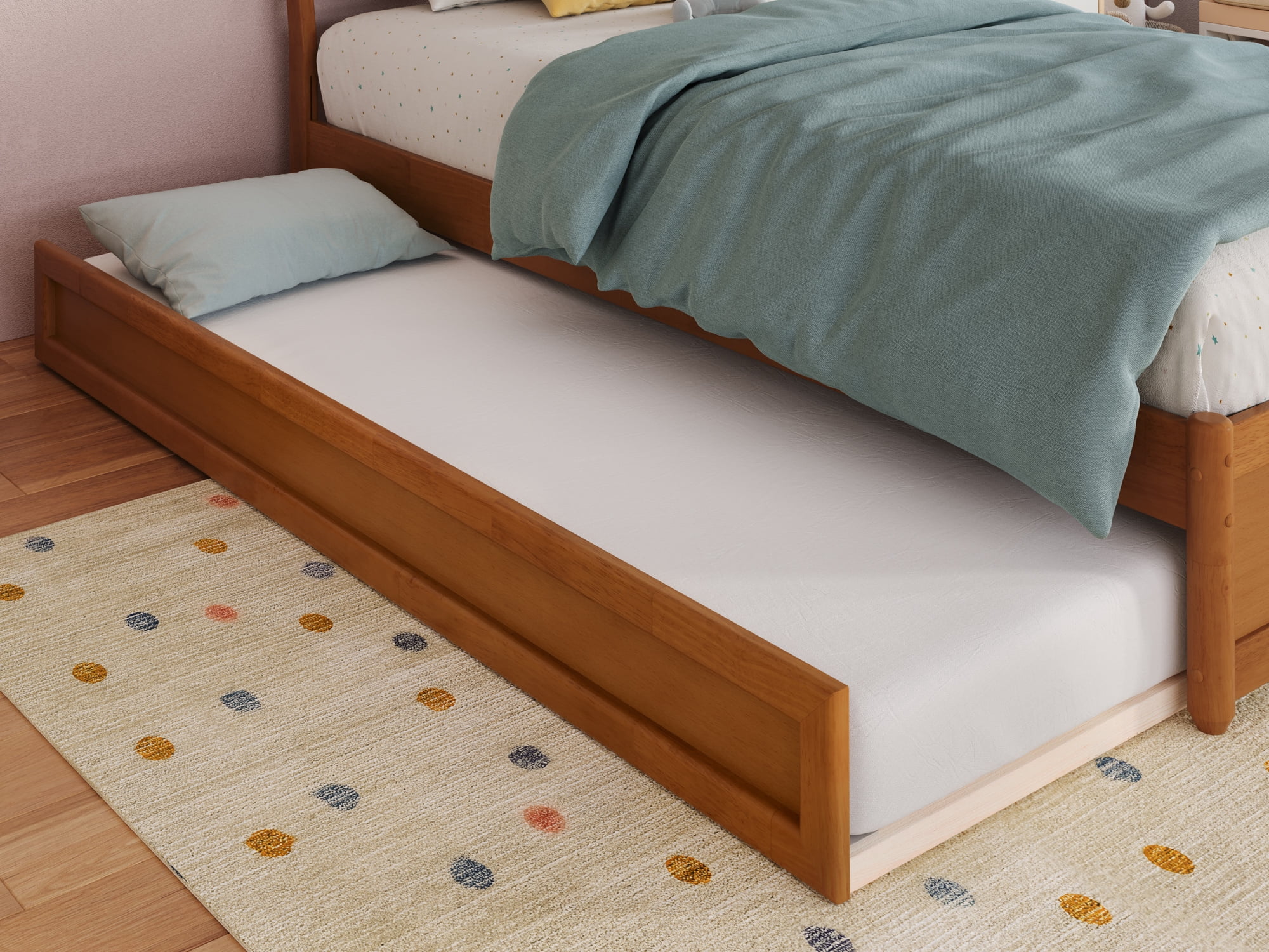 AFI Casanova Twin Wood Platform Bed with Panel Footboard and Twin Trundle, Light Toffee