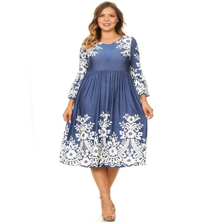 - MOA COLLECTION Women's Plus Size Pattern Print Flare Tiered Casual 3/4 Bell Sleeve Pleat Midi Dress