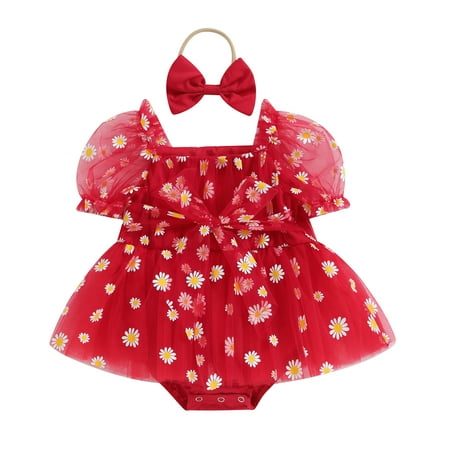 

Musuos Baby Girl 2Pcs Summer Outfits 3 6 12 18M Short Puff Sleeve Daisy Print Romper Tulle Dress with Headband Set