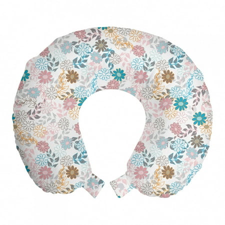 Floral Travel Pillow Neck Rest, Pastel Daisies and Leaves Blooming Retro Style Foliage Spring Color Palette, Memory Foam Traveling Accessory Airplane and Car, 12