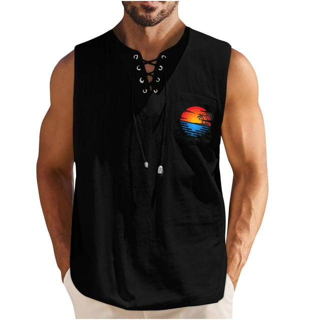 Camisetas de Verano para Hombre, Corbata Casual de Color Sólido sin Mangas Cuello Redondo Camiseta de Camiseta Hecha de 60% Algodón 40% Lino, Bajo Camisetas para Hombres