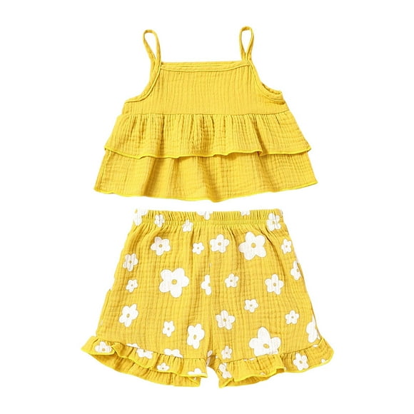 nsendm Girls Childrenscostume Big Kid Clothes Little Girl Clothes Size 6 Toddler Girls Sleeveless Summer Halter Ruffles Top Floral Print Winter Clothes for Teen(Yellow,4-5 Years)