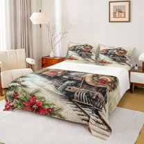 Manfei Christmas Flower Bed Sheets,Vintage Western Train King Sheets,Red Beige Brown Sheet Set For Men Women,Microfiber Bedroom Decor,4-Piece