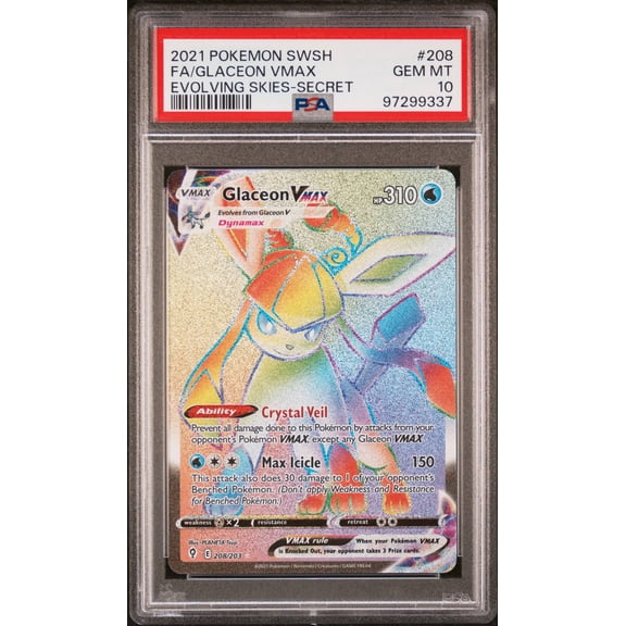 Collectible Graded 2021 Pokemon Sword & Shield Evolving Skies Glaceon VMAX FA Secret PSA 10 #208 Trading Card