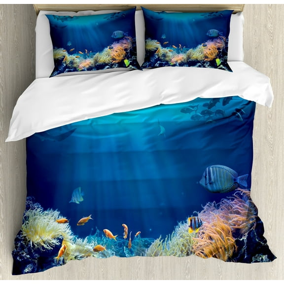 Underwater Duvet Cover Set, Various Fish in the Ocean Tranquil Marine Life Nautical Theme, Decorative 3 Piece Bedding Set with 2 Pillow Shams, Calking Size, Cobalt Blue Multicolor, by Ambesonne
