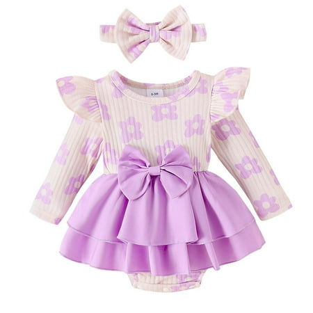 

Baby Striped Floral Print Long Sleeve Skirt With Headband Kids Princess Dress Newborn Onesies Baby Boy Onesies 3-6 Months Toddler Baby Boy Fall Outfit