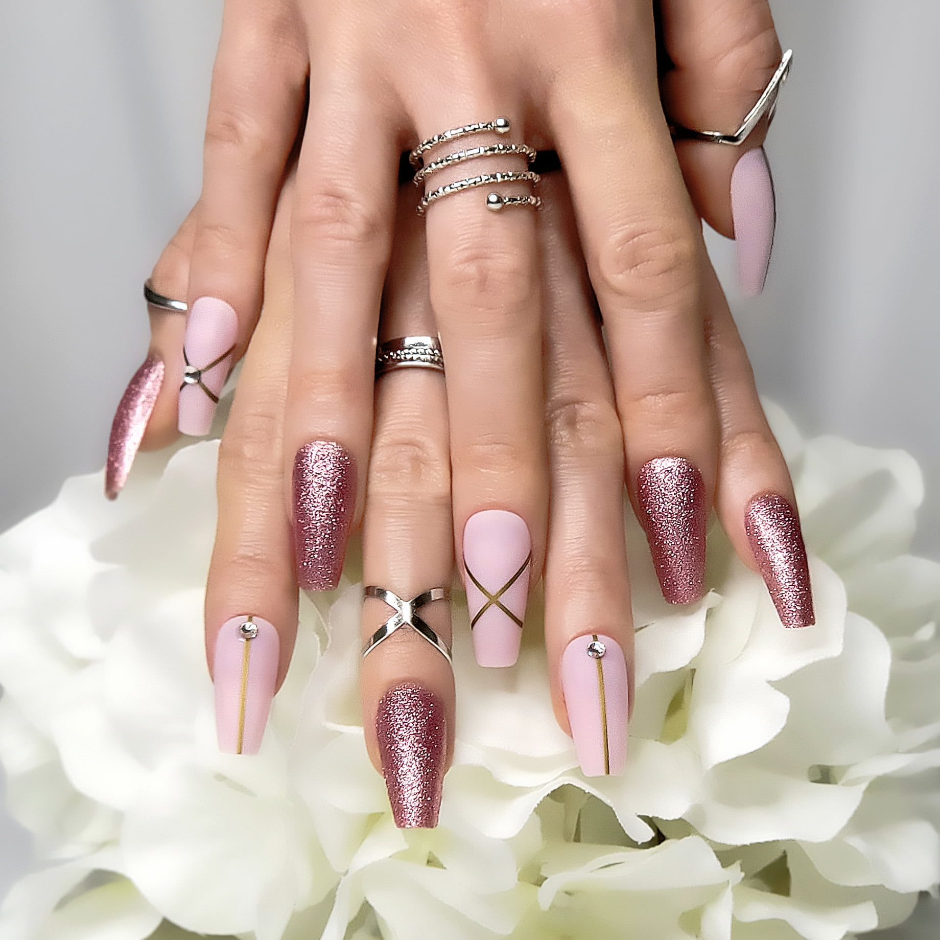 Hypnaughty 24 Pcs Pink Fantasy Matte and Glitter Design with Rhinestones Luxury Coffin Press on Nails with Glue Long and Medium Glue on Fake Nails