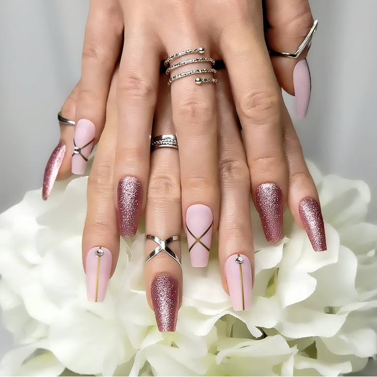 Clear Purple Pink Glitter design Press on Nails w/ glue short rose