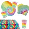 Tie Dye Birthday Party Supplies Tableware Set for 16 with Tablecloth