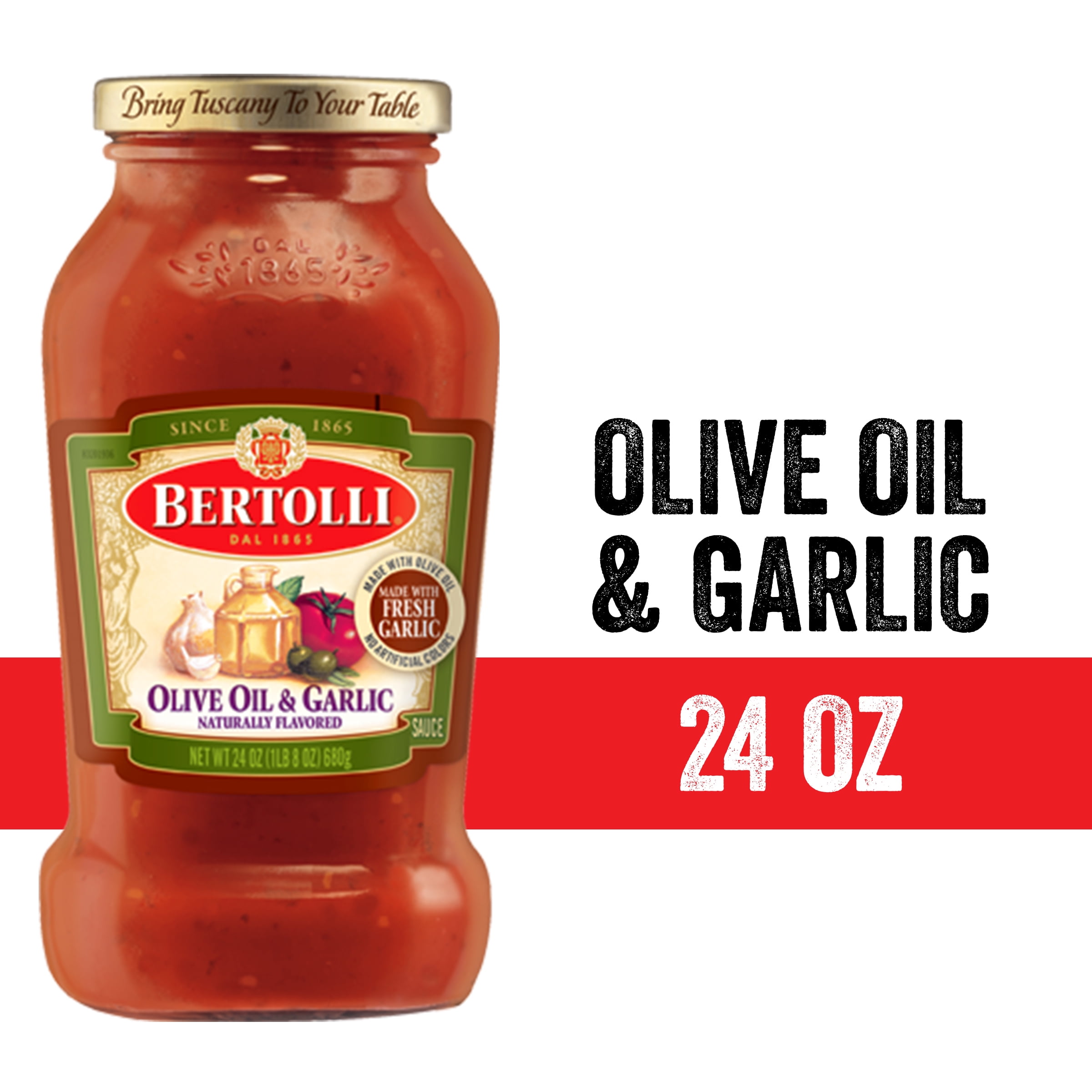 Bertolli Olive Oil and Garlic Sauce, Authentic Tuscan Style Pasta Sauce Made with Vine-Ripened Tomatoes, Savory Garlic and Olive Oil, 24 OZ