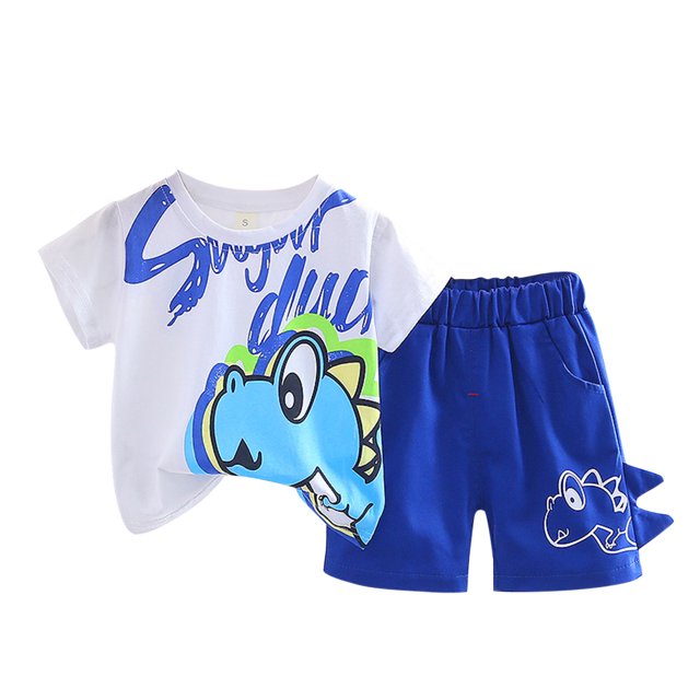 Gibobby Conjunto de trajes informales de 2 uds para niño Ropa para niñas pequeños, bebés, camiseta de dinosaurio de manga corta de verano, Tops, pantalones cortos(Azul, 12 Meses)