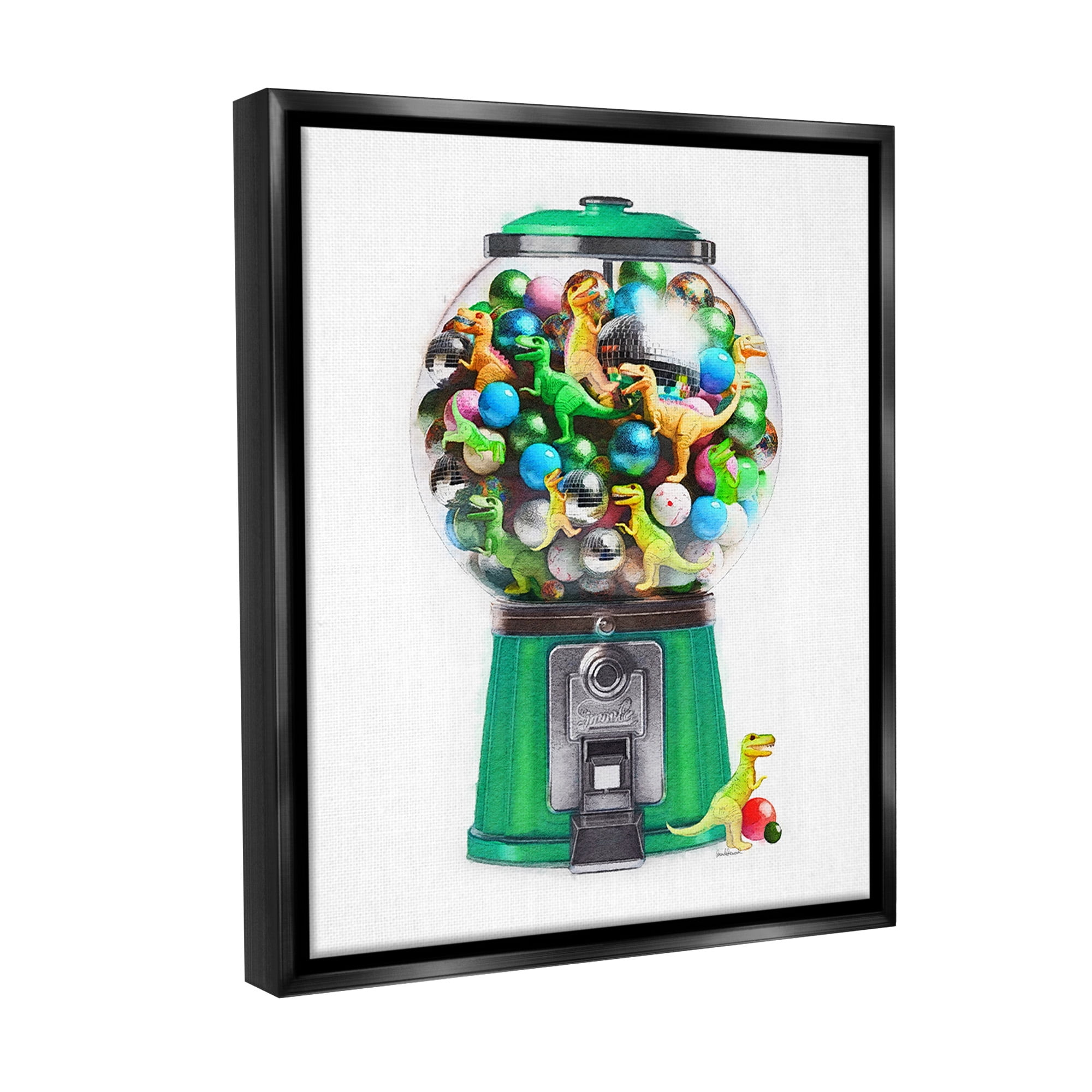 Stupell Industries Dinosaur Candy Dispenser Animals & Insects Painting Black Floater Framed Canvas Art Print Wall Art, 17 x 21