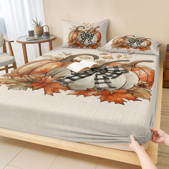 King Size Fitted Sheet Set - Orange Grey Pumpkins Fall 3 Piece Bedding Sets 16" Deep Pocket Fitted Sheet with 2 Pillowcases, Thanksgiving Rustic Brushed Microfiber Hotel Luxury Bed Sheets