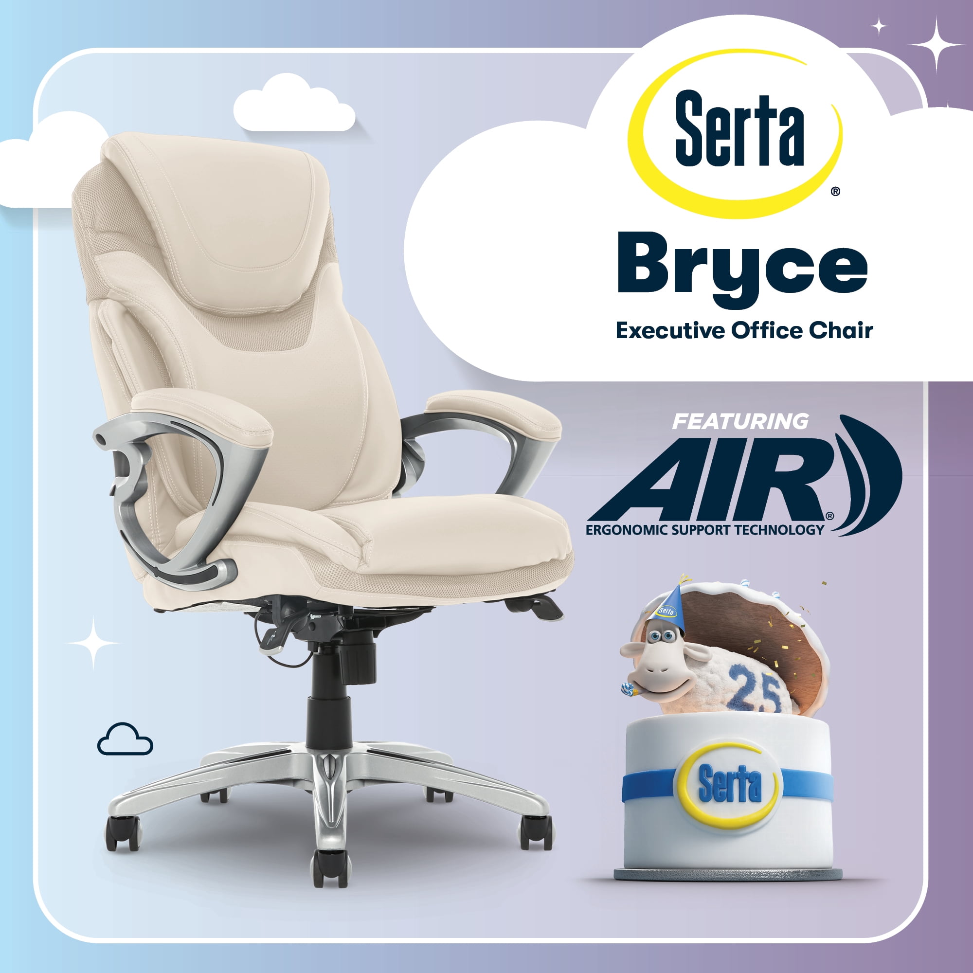 Serta Bryce Executive Office Chair, Ergonomic Computer Desk Chair with Patented AIR Lumbar Technology, Adjustable Height, Memory Foam Body Pillows, 360° Swivel Rolling Base, Bonded Leather, Cream