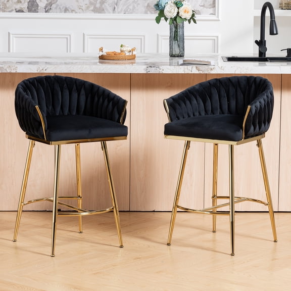 26'' Counter height bar stools velvet kitchen island counter bar stool with hand- wave back,golden chromed base and footrest(1pc)