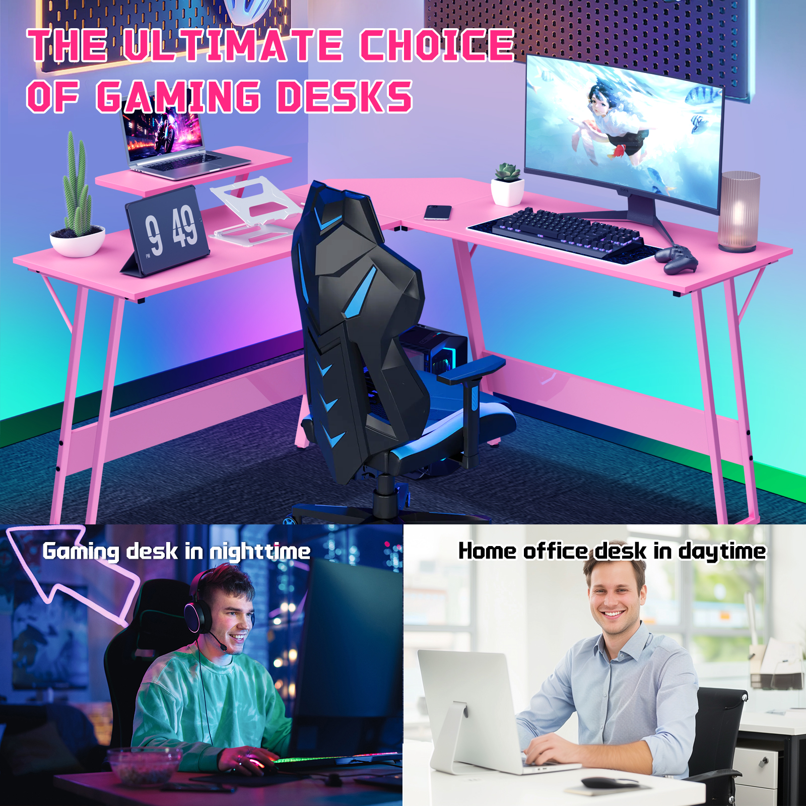 Dkelincs L Shaped Gaming Desk, 50.4" Corner Computer Desk PC Game Table with Monitor Stand Large Desktop for Home Office Study Writing Workstation, Pink